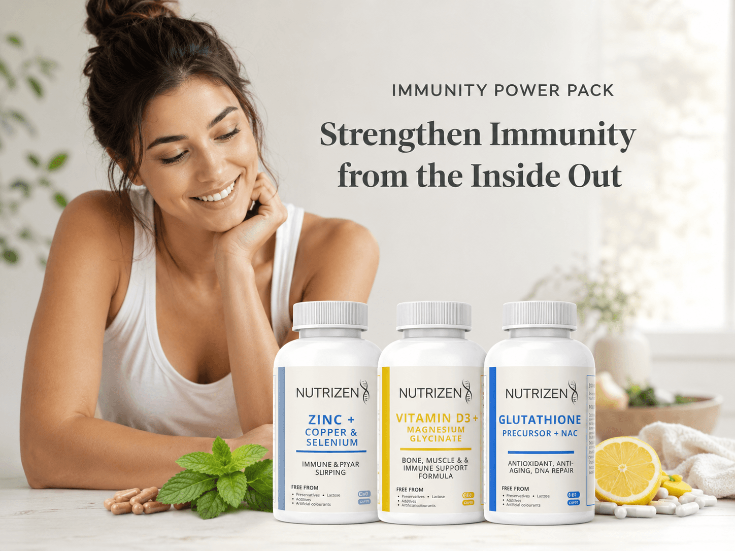 NutriZen Immunity Power Pack: Zinc plus Copper and Selenium, Vitamin D3 plus Magnesium Glycinate, and Glutathione Precursor plus NAC