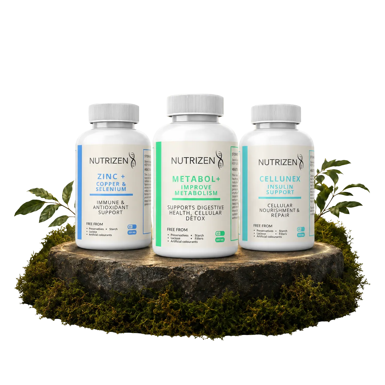 Three NutriZen products — Zinc, Metabol+ and Cellunex — on a stone base